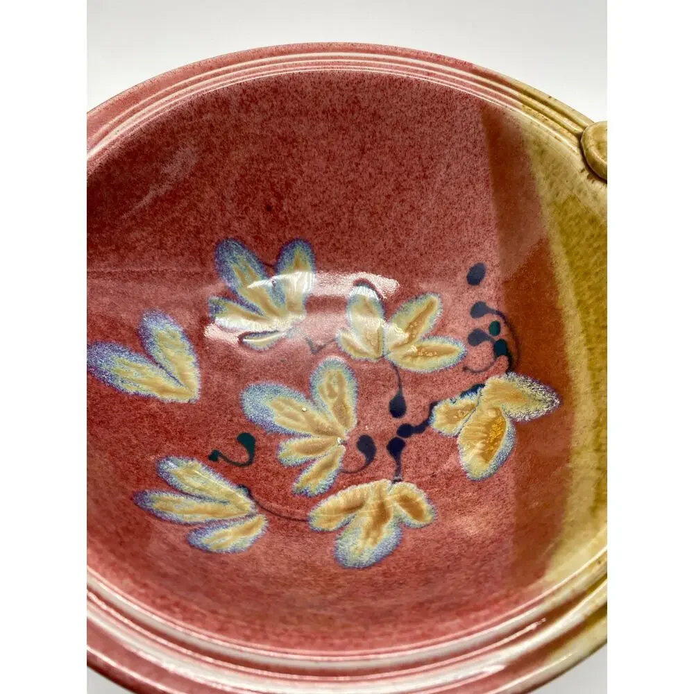 Handmade Pottery handled dish pour spout‎ round red floral Signed Art pottery